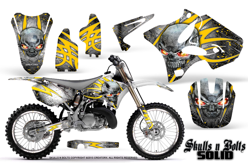 Yamaha YZ125-YZ250 02-12 Graphics Kit Skulls n Bolts Solid Yellow White NP Rims